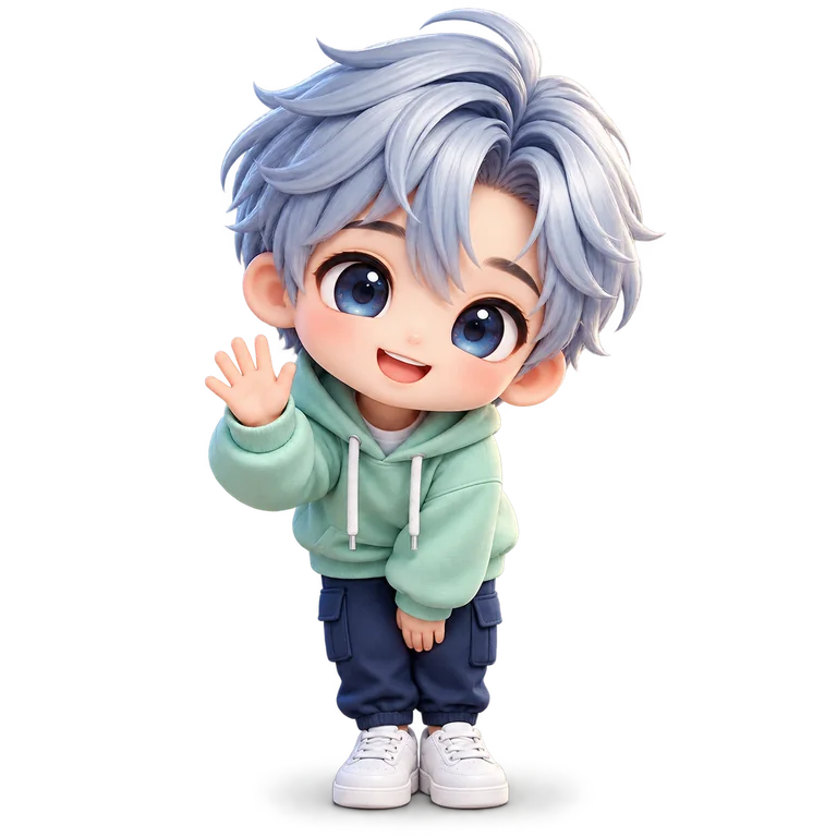 Maskot chibi berhoodie mint melambaikan tangan dengan ramah