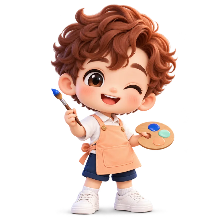 Maskot chibi seniman dengan kuas dan palet warna, tersenyum ceria